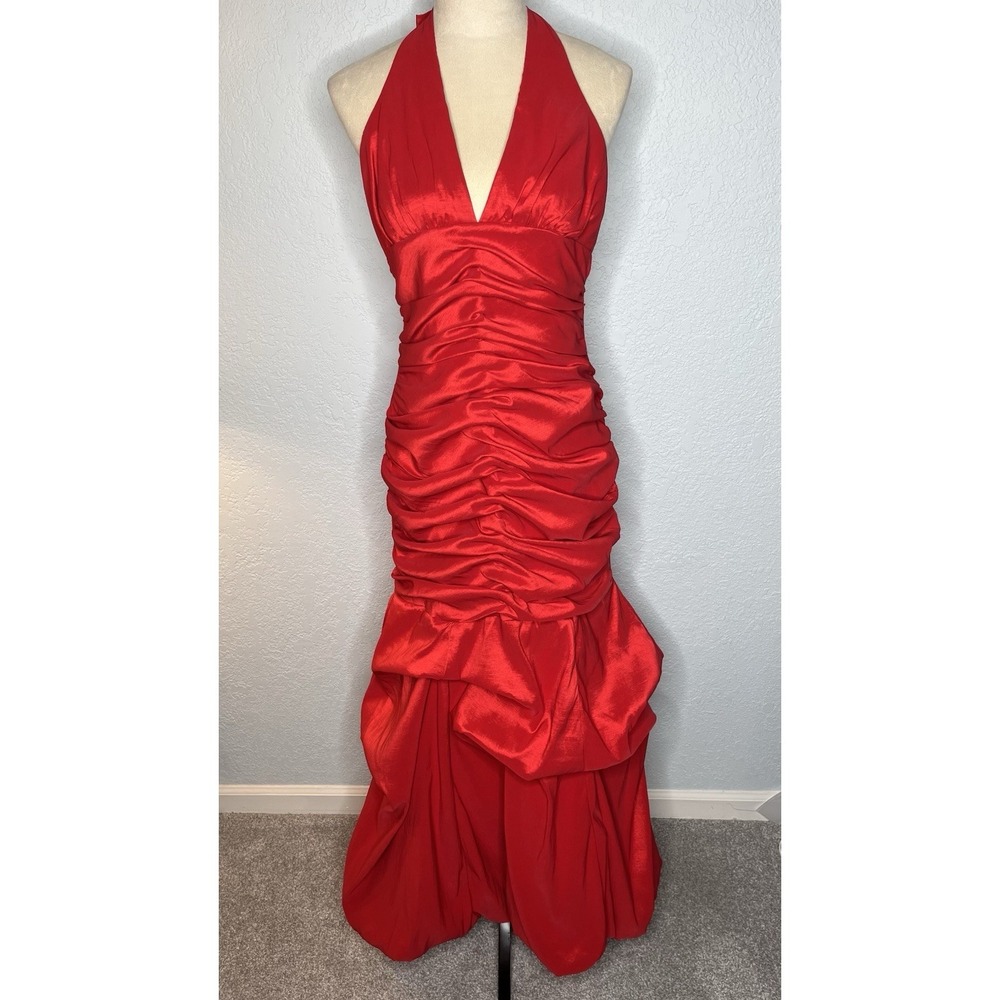 Vintage‎ Jessica McClintock Red Satin Ruched Halter Formal Gown *Fits like 2/XS